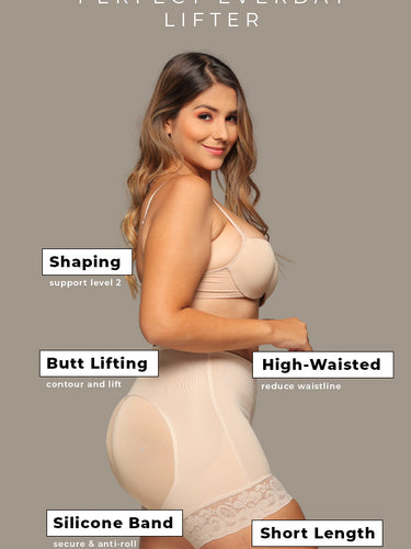Side view of Beige high rise natural butt lifter with functionalities and features.