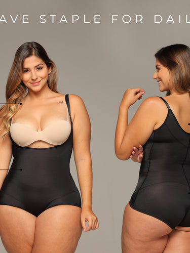 Features and functionalities of black invisible body suit with panty.